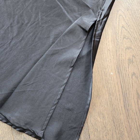 JAPNA Black Slip Satin Midi Dress Ruffle Zip Side Slit Size Small - Picture 5 of 5